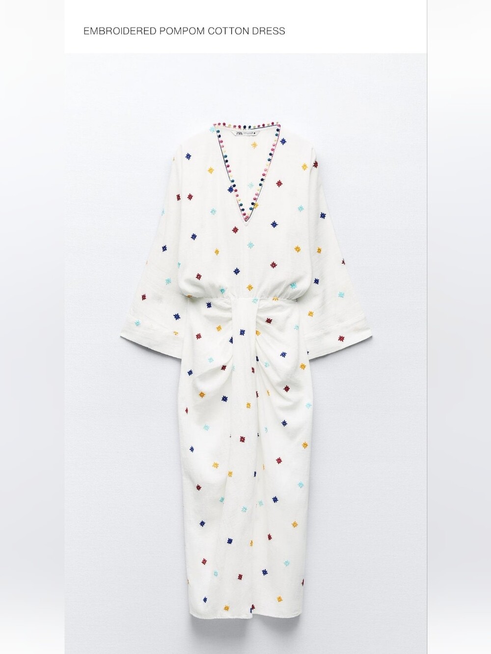 White Embroidered V-Neck Midi Dress with Tie Waist